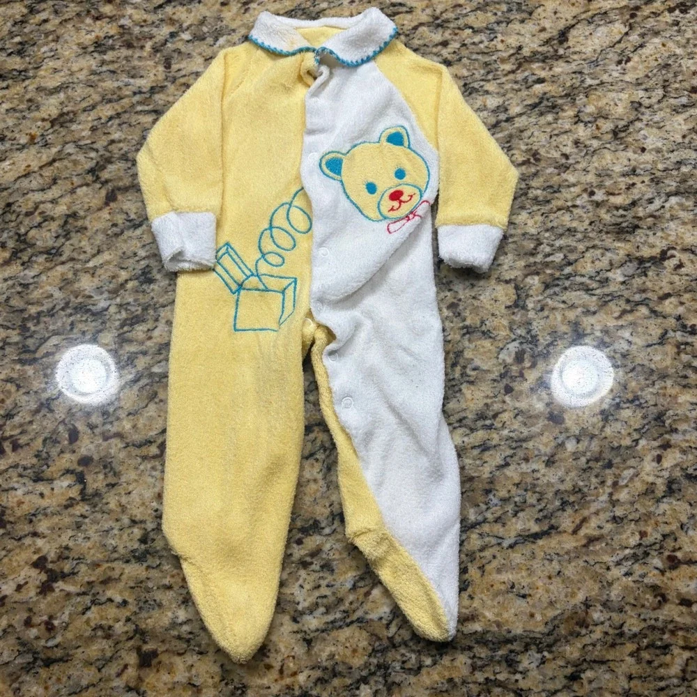 Vintage Boy Yellow Terry Cloth Bear Jack-in-the-Box Footed Sleeper Baby Pajamas